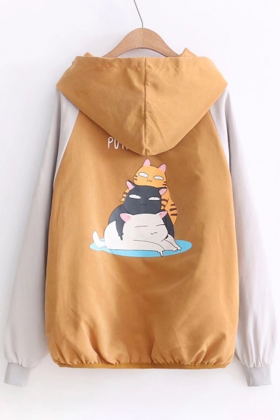 Cute Cat Cartoon Letter Printed Color Block Zippered Hooded Coat with Pockets
