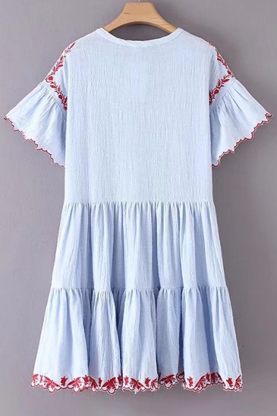 Fashion Embroidered Pattern Round Neck Short Sleeve Dress with Cami