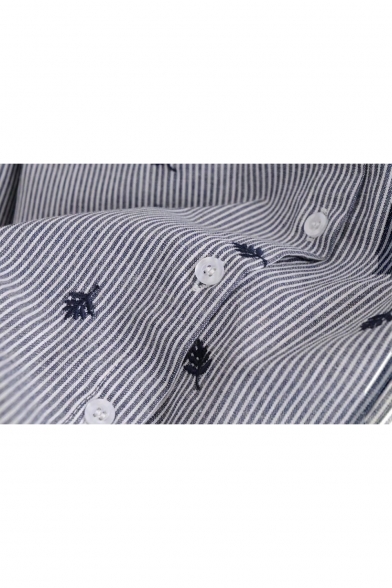 Fashionable Embroidered Pattern Long Sleeve Single Breasted Striped Shirt