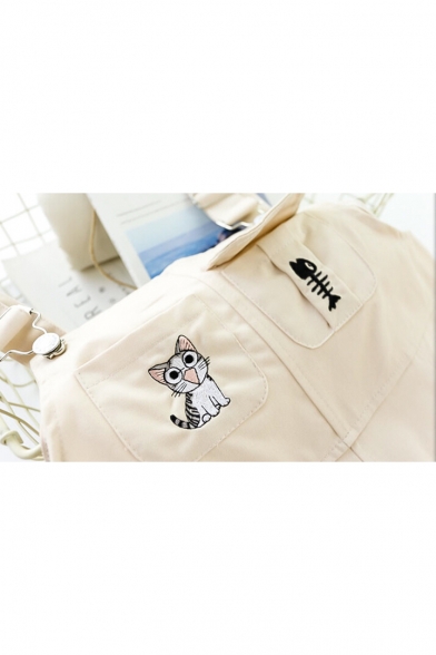 Chic Cat Fish Bone Cartoon Embroidery Loose Straight Leg Overall Jumpsuit