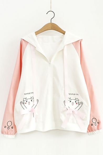 Childish Cat Cartoon Paw Pattern Zip Up Hooded Bow Detail Color Block Jacket