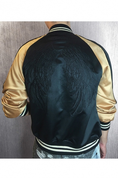 Color Block Wing Embroidered Back Stand Up Collar Long Sleeve Zip Up Baseball Jacket