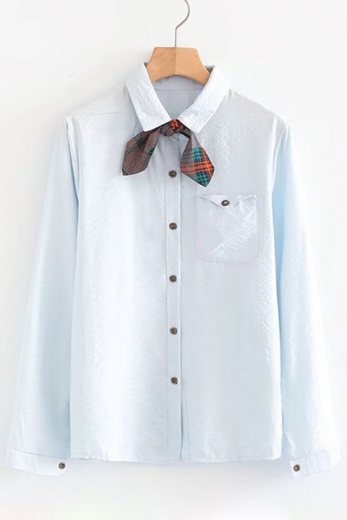 Fancy Plaids Bow Tie Neck Button Front Flap Chest Pocket Lapel Shirt