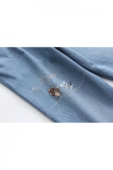 Fashionable Cartoon Animal Letter Embroidery Elastic Waist Pocket Detail Jeans