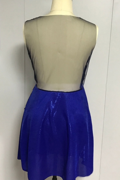 Fashionable Lace Panel Round Neck Sleeveless Patchwork Mini A-line Dress