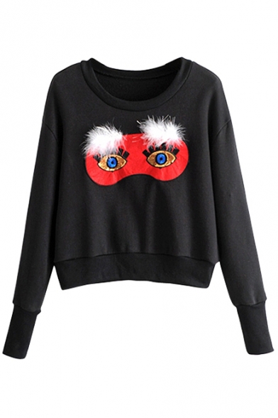 Fashionable Pompom Detail Eyes Mask Print Long Sleeves Pullover Cropped Sweatshirt