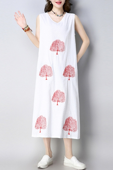 Fashionable Tree Pattern V-Neck Sleeveless Midi Tank Dress