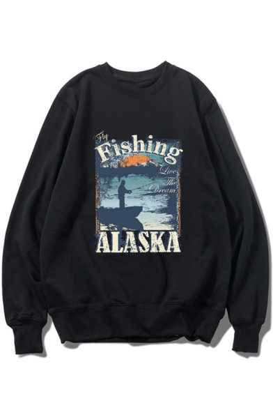 Fishing Man Letter Printed Round Neck Long Sleeve Loose Pullover Sweatshirt
