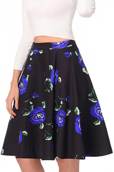 High Waist Rose Printed Retro Zipper Fly Midi A-Line Skirt