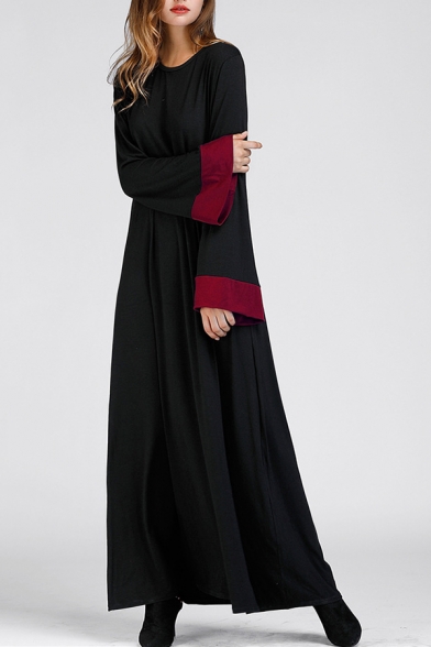 Leisure Color Block Round Neck Wide Sleeve Loose Maxi T-shirt Dress
