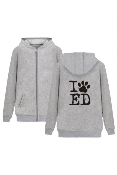 Leisure Dog's Paw Letter Printed Long Sleeve Zip Up Hoodie for Couple