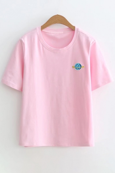 Leisure Small Planet Embroidered Round Neck Short Sleeve Tee