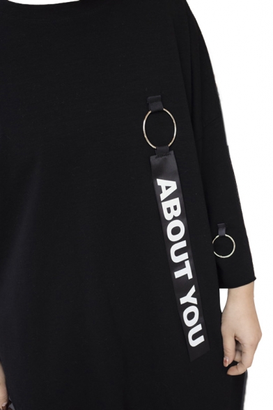 Letter Printed Strap Embellished Half Sleeve Round Neck Midi T-Shirt Dress