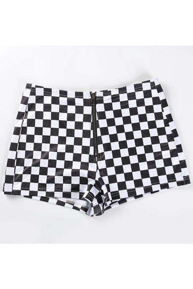 Sexy Monochrome Check Printed Zipper Fly Skinny Shorts