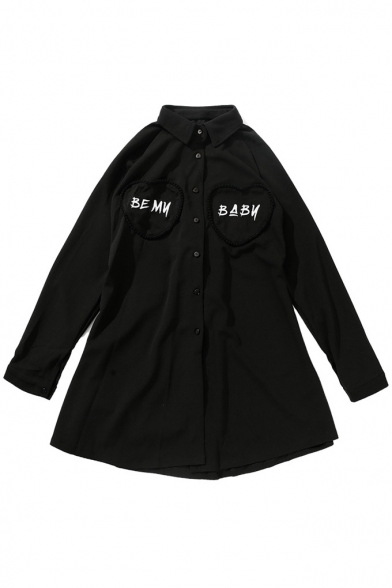 Simple Letter Embroidered Lace Up Back Embellished Lapel Collar Buttons Down Tunic Shirt