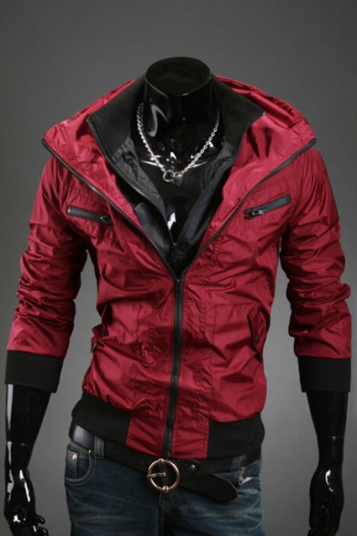 Spring Fashion Color Block Zip Up Hooded Slim Fit Utility Jacket