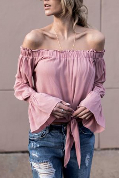 Spring Fashion Off the Shoulder Bell Sleeve Bow Tie Front Plain Pullover Blouse