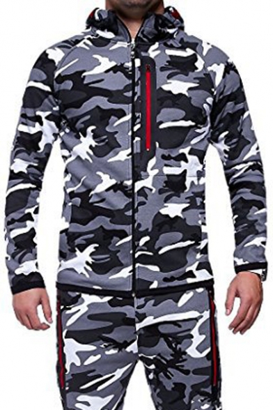 Stylish Camouflaged Pattern Zip Up Long Sleeve Pockets Hooded Jacket