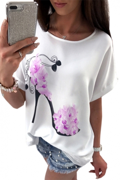 Round Neck Heels Printed Batwing Sleeve T-Shirts