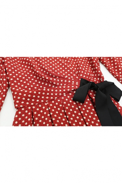 Vintage Style Choker V-Neck Bow Belted Waist Polka Dotted Midi Wrap Dress