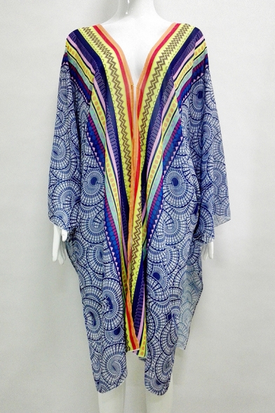 Vintage Style Open Front Bow Tied V-Back Split Side Tribal Print Kimono