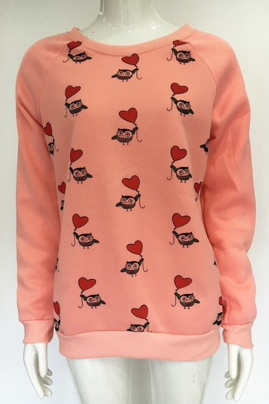 Adorable Owl Sweetheart Allover Pattern Round Neck Long Sleeves Pullover Sweatshirt