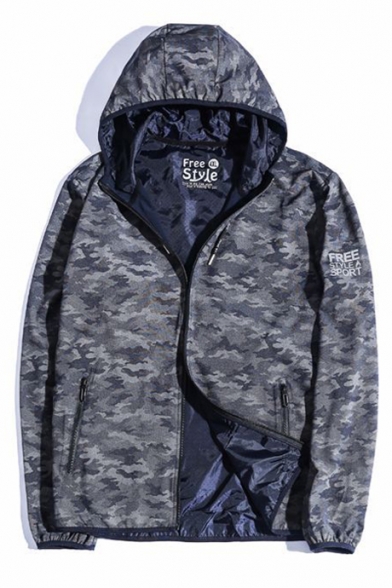 

Camouflage Letter Printed Long Sleeve Zip Up Hooded Coat with Pockets, Black;dark blue