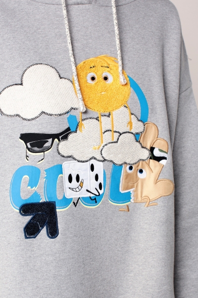 Chic Cartoon Cloud Sun Letter Pattern Long Sleeves Pullover Loose Hoodie