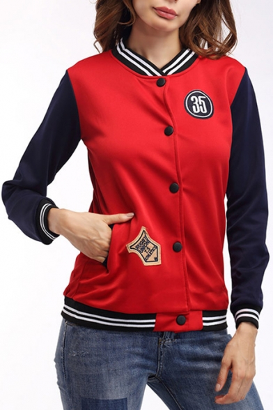 Chic Number Badge Embroidered Single Breasted Striped Color Block Baseball Jacket