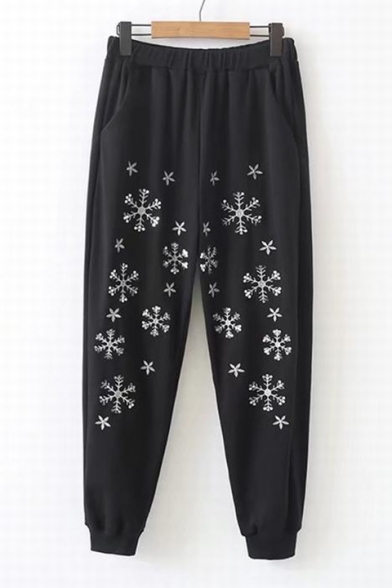 Christmas Style Sequined Snowflake Embroidered Elastic Waist Tapered Pants