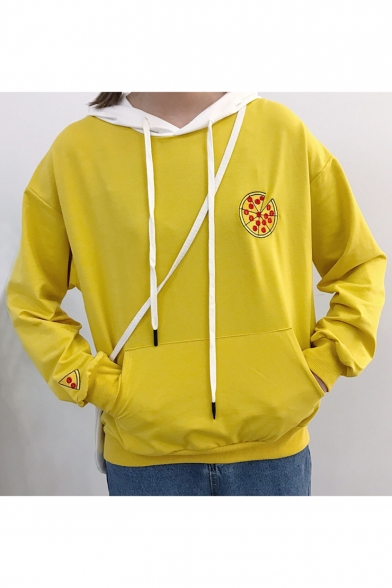 Color Block Hood Embroidered Long Sleeve Leisure Hoodie with Pocket