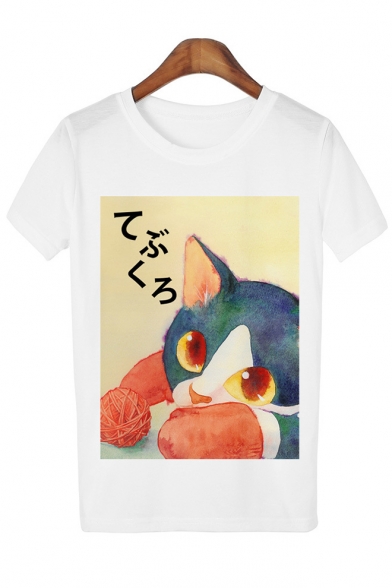 Cute Cat Japanese Print Round Neck Short Sleeves Casual Tee