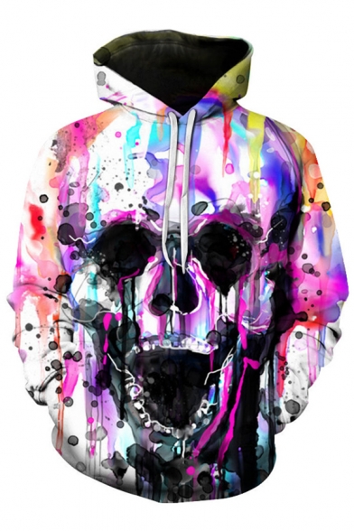 Digital Splash Ink Skull Printed Long Sleeve Unisex Loose Hoodie