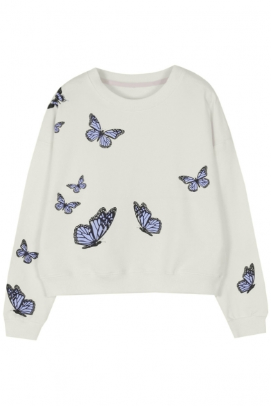 Elegant Butterflies Printed Round Neck Long Sleeve Pullover Sweatshirt