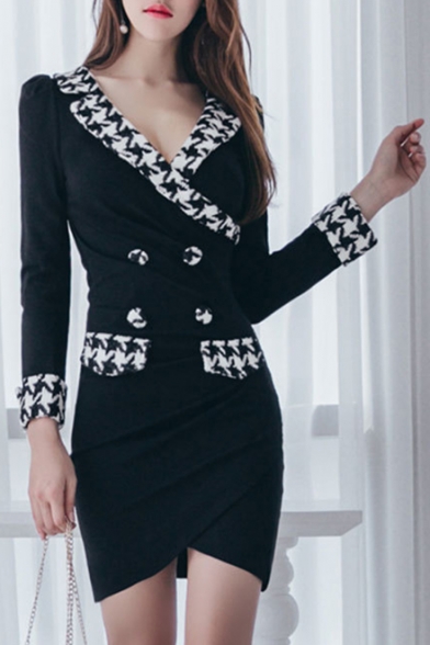 Elegant V-Neck Button Detail Houndstooth Pattern Mini Wrap Bodycon Dress