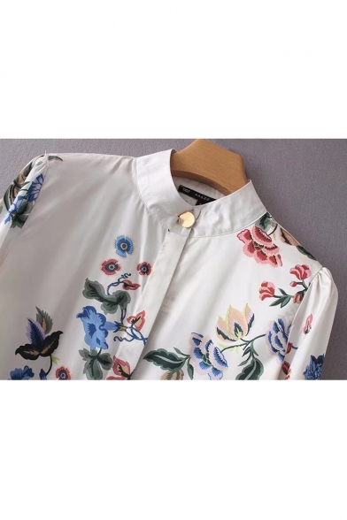 Fancy Floral Print Button Front Long Sleeve Loose Casual Shirt