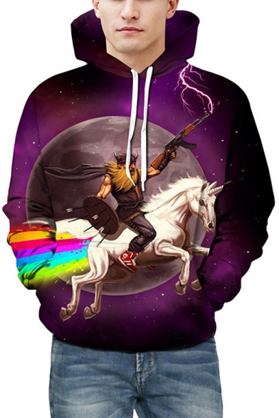Funny Unicorn Rainbow Planet Warrior Print Long Sleeves Pullover Hoodie
