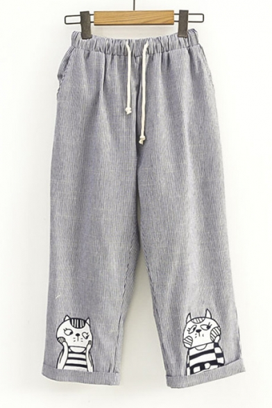 Leisure Drawstring Waist Cat Cartoon Embroidered Striped Cropped Pants