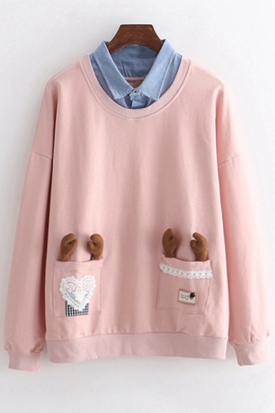 Lovely Antler Embellished Pockets Fake Two Pieces Contrast Lapel Collar Long Sleeve Pullover Sweatshirt