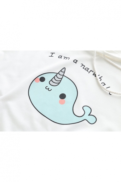 Lovely Whale Cartoon Letter Print Lace-up Detail Long Sleeves Pullover Hoodie
