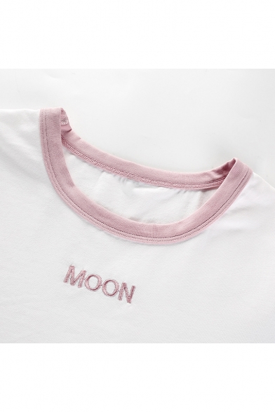 Natural MOON Letter Embroidered Round Neck Short Sleeves Cropped Tee