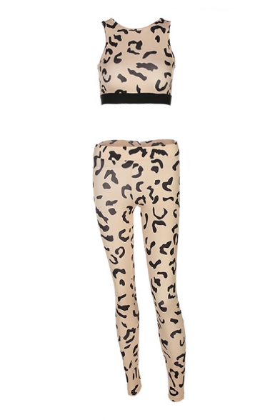 New Arrival Leopard Pattern Round Neck Tank Top with High Waist Slim Fit Pants