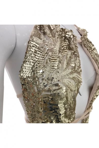 Pop Fashion Hollow Out Sequined Detail Halter Neck Strappy Waist One Piece Swimwear