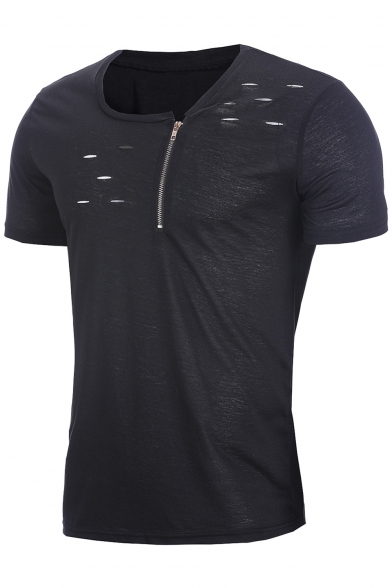 Pop Fashion Zipper Detail Ripped Off Round Neck Short Sleeves Summer T-shirt
