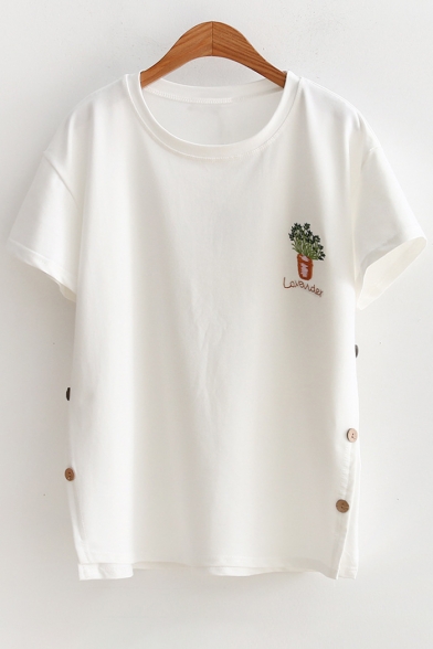 

Potting Letter Embroidered Round Neck Short Sleeve Buttons Embellished Tee, Pink;white