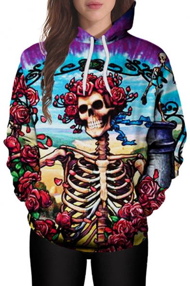 Skull Floral Printed Long Sleeve Leisure Hoodie with Pocket