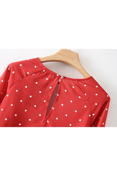 Spring's New Arrival Round Neck Long Sleeve Ruffle Cuff Detail Polka Dot Cropped Blouse