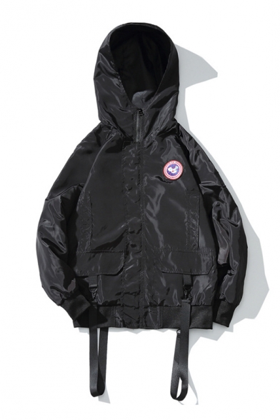 Street Fashion Badge Letter Pattern Zip Up Strap Detail Hooded Jacket
