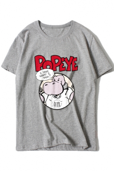 Trendy Cartoon Hippo Letter Print Round Neck Short Sleeves Summer T-shirt