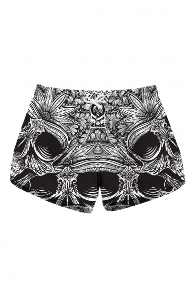 Woman's New Stylish Skull Floral Printed Drawstring Waist Shorts with Pockets